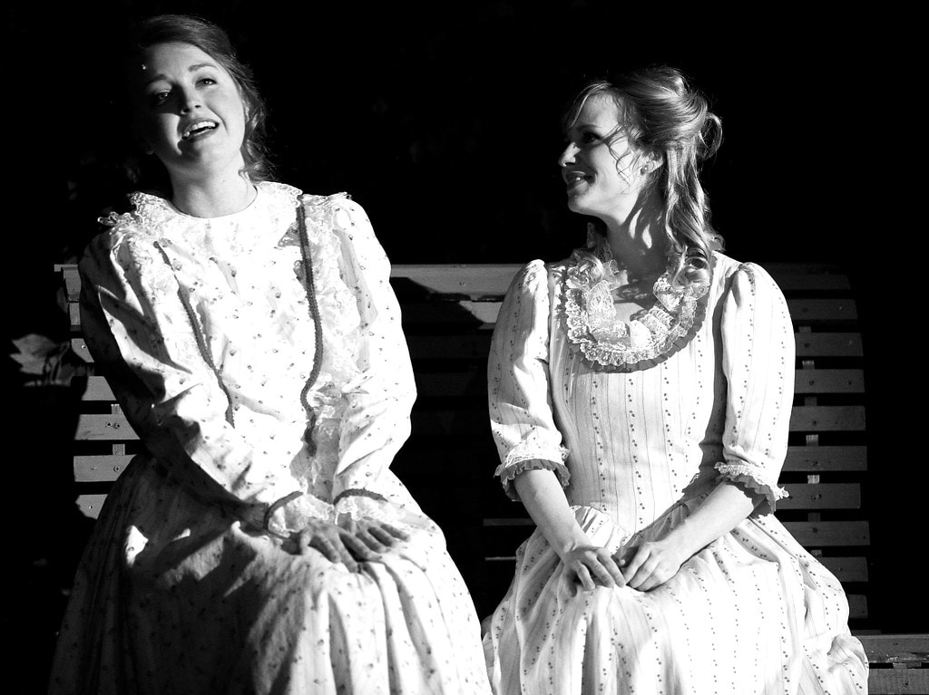 Two women on bench black and white — Carousel