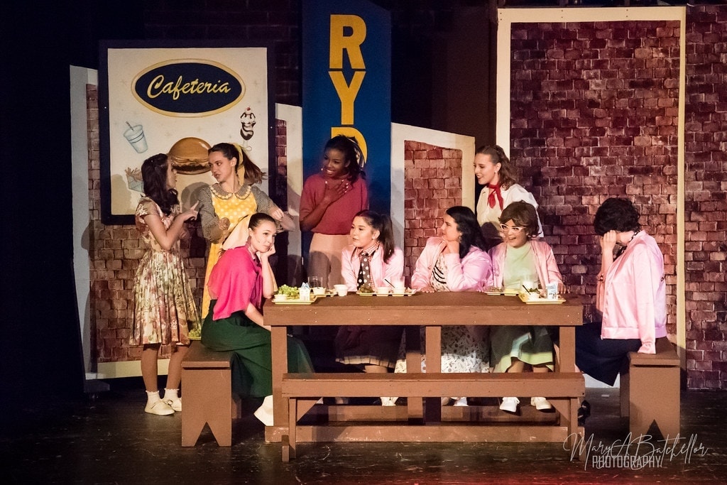 Grease — Rydell cafeteria scene with Pink Ladies at lunch table