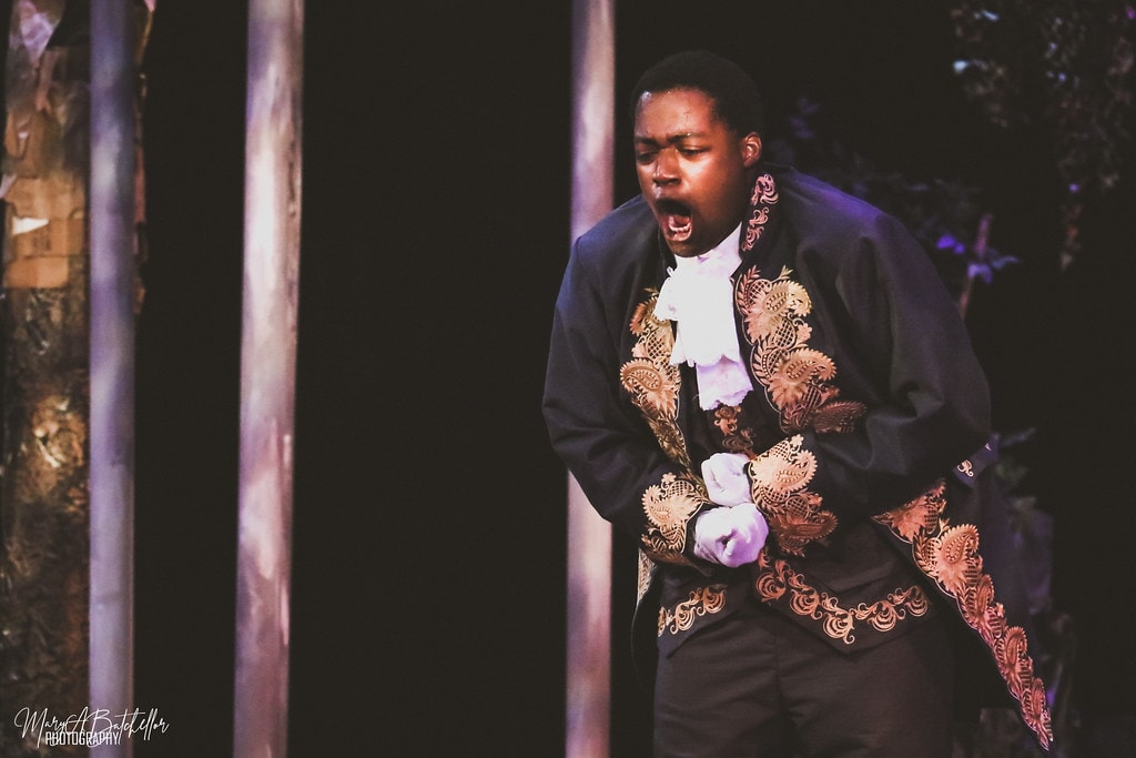 Into the Woods — Rapunzel's Prince in an ornate embroidered jacket belts a dramatic solo in the dark forest