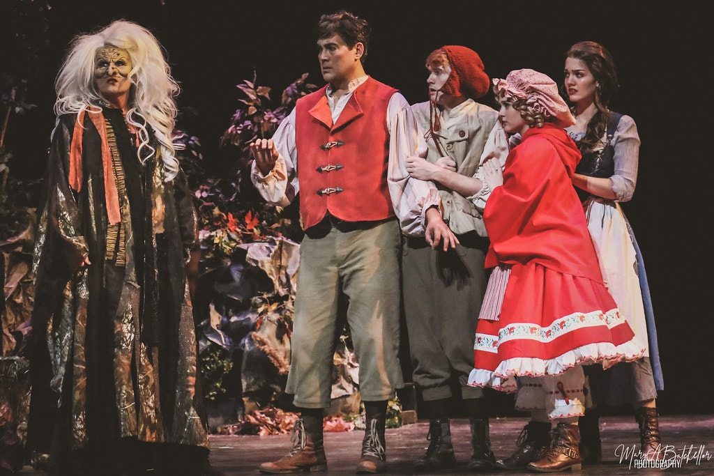 Into the Woods — the Witch in Act II with white hair and dark robes belts with arms outstretched before the forest set