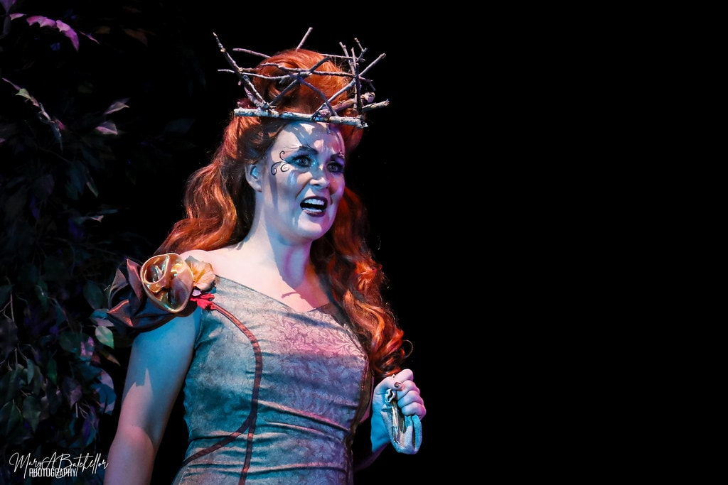 Into the Woods — the Act II Witch with red hair and a twig crown belts a dramatic solo in the dark forest