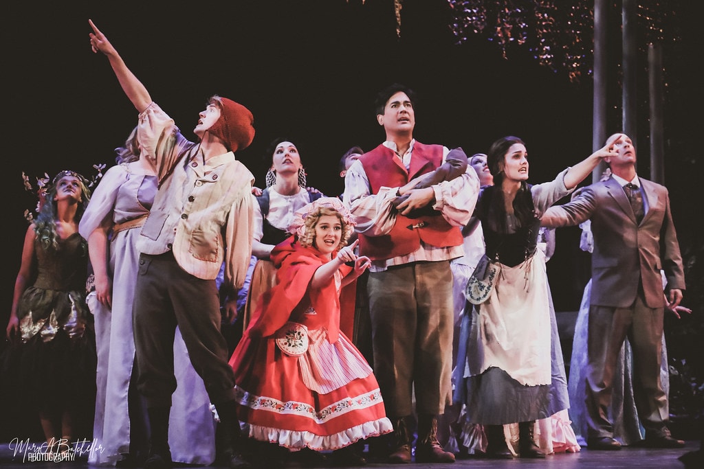 Into the Woods — the full ensemble looks upward as Jack points to the sky and Little Red Riding Hood gestures below