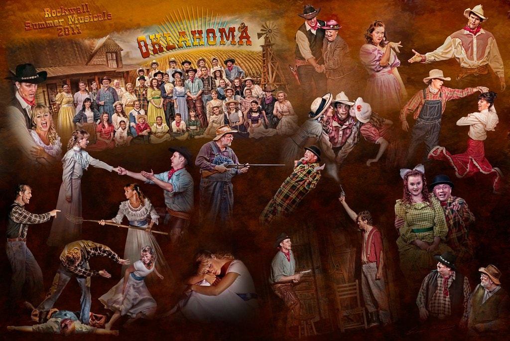 Oklahoma! — the official Rockwall Summer Musicals 2011 production poster: a richly painted collage of scenes from the show set against a warm sepia-toned western landscape, featuring the full cast photo at center top beneath the Oklahoma! title in golden letters, surrounded by vignettes of the principal characters — Curly and Laurey, Ado Annie and Will Parker, Jud Fry, Aunt Eller, Ali Hakim, and the ensemble — in their signature moments from the production