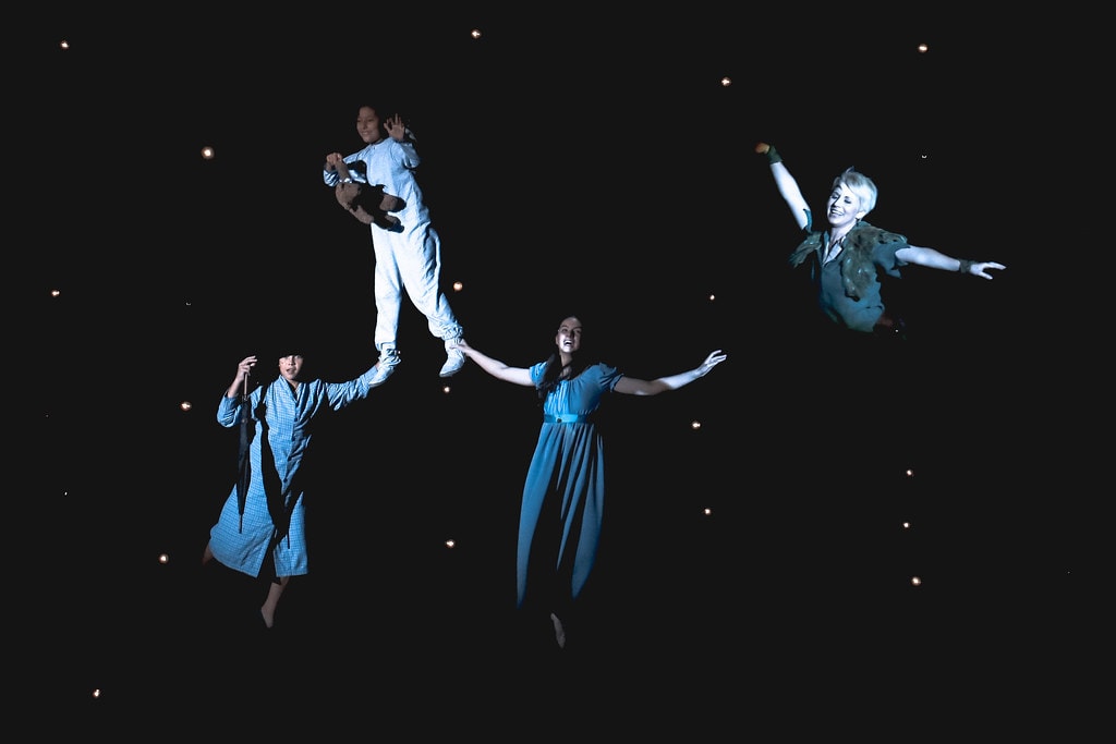 Peter Pan — Peter Pan and the Darling children fly against a starlit black sky
