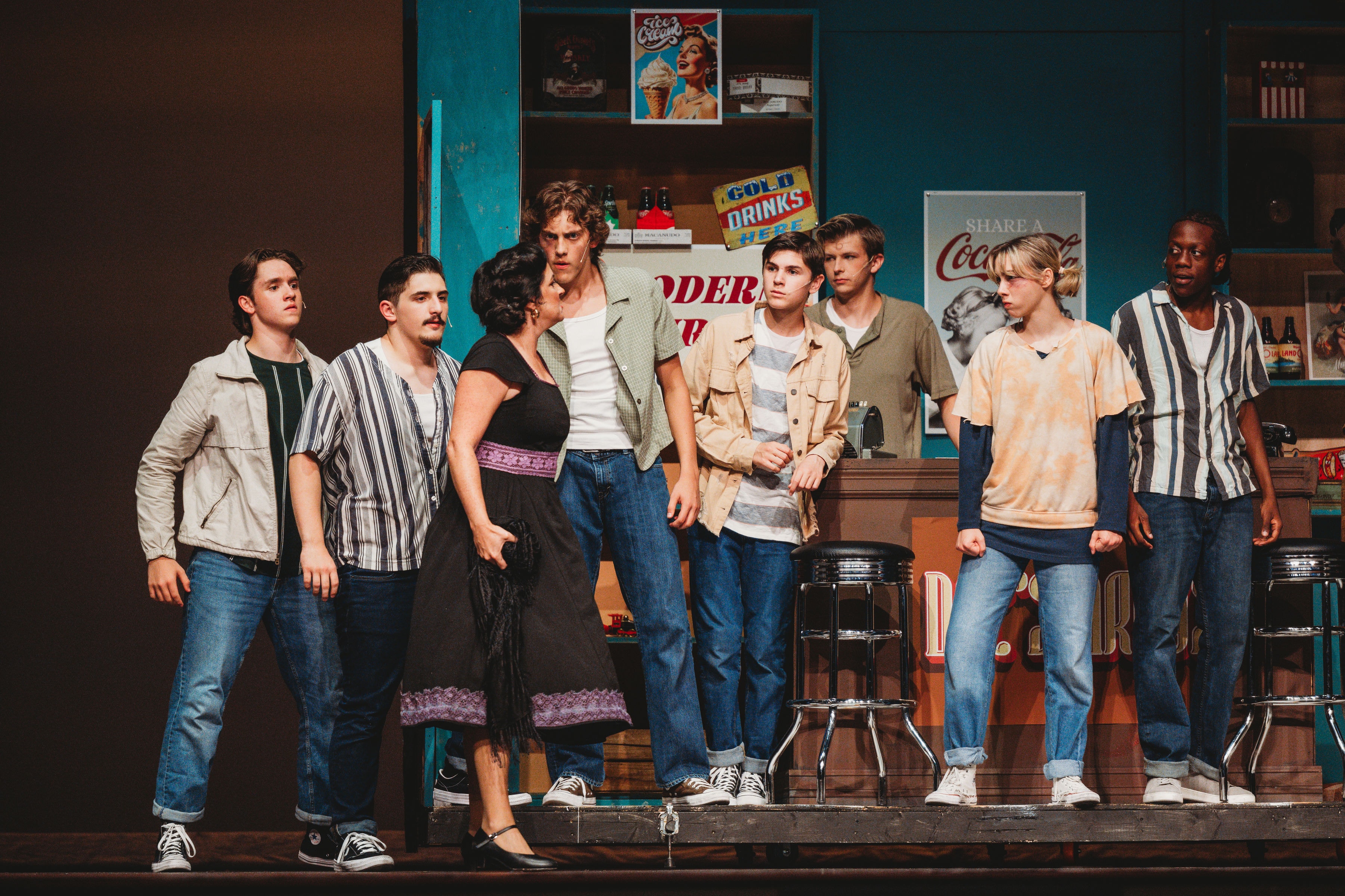 West Side Story 2026 - cast at the drugstore Doc's soda shop set